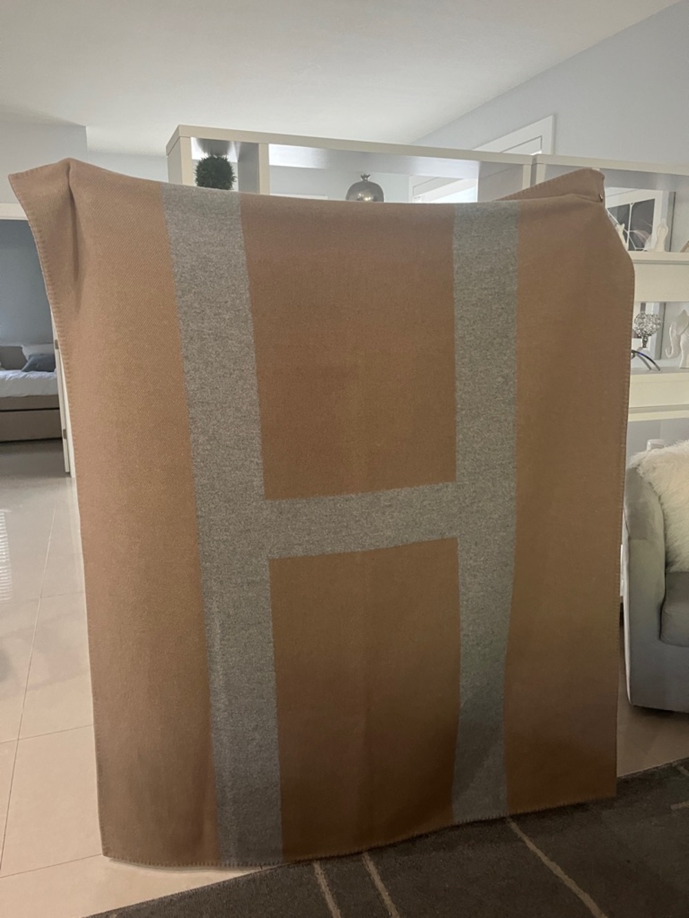 Hermes Tan Blanket with Gray H Graphic